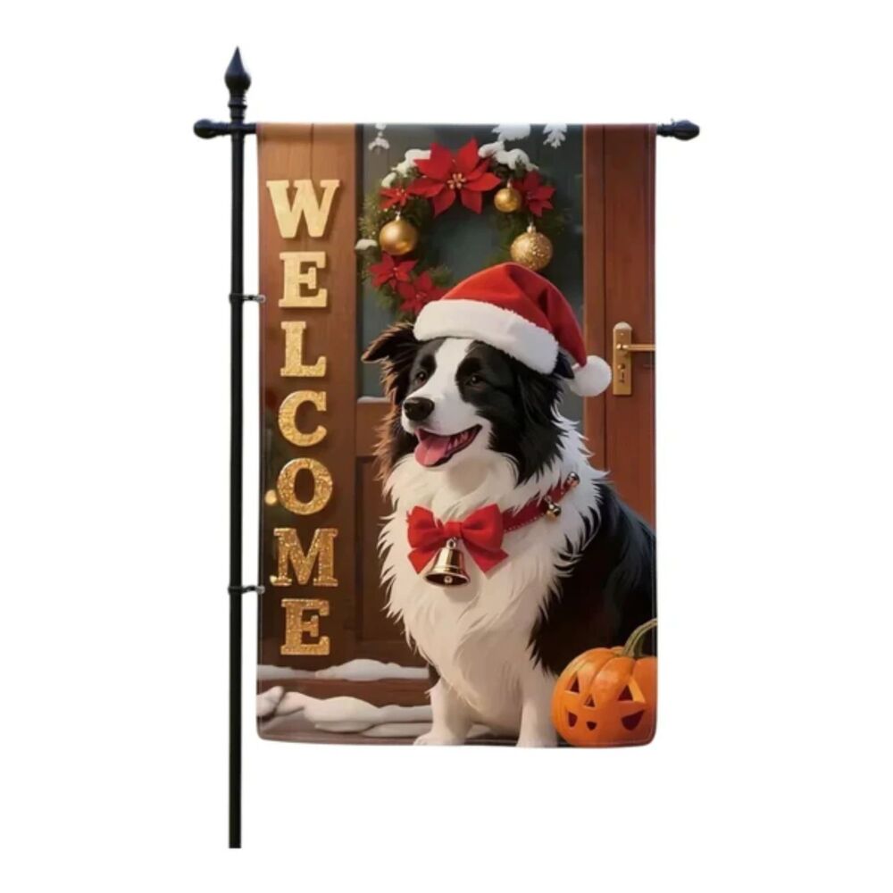 Christmas Garden Flag 12x18 – Black and White Border Collie Dog Santa Hat - Picture 3 of 3